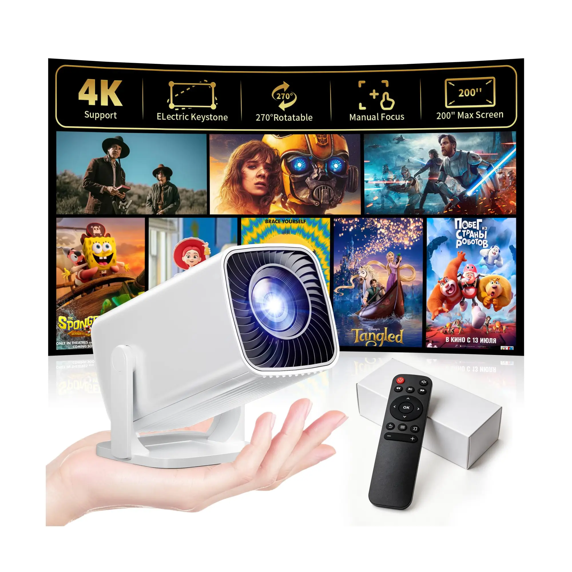 Mini proyector, proyector portátil compatible con 4K, proyector para exteriores Full HD 1080P