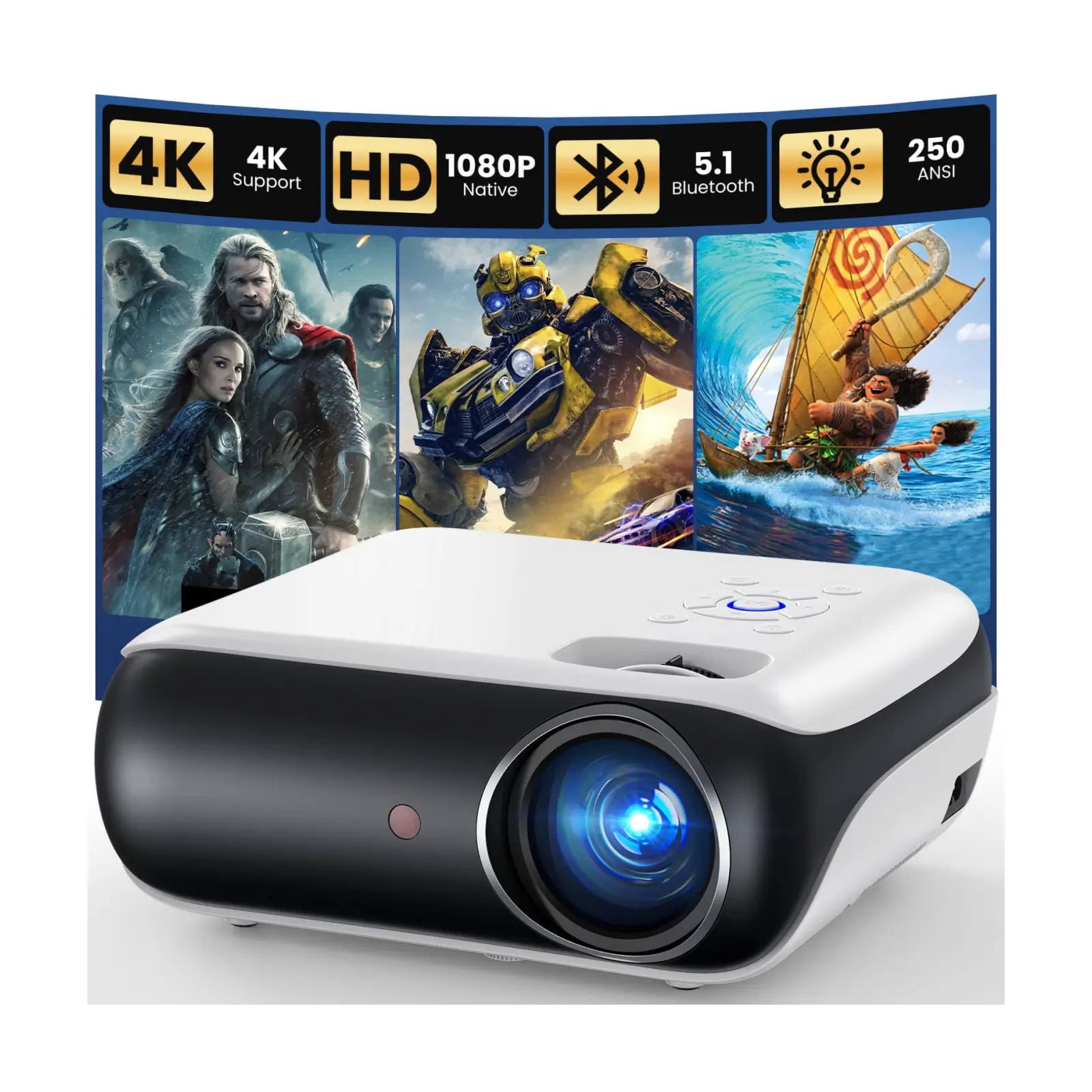 Proyector portátil HAPPRUN Full HD 1080p con Bluetooth y altavoces integrados