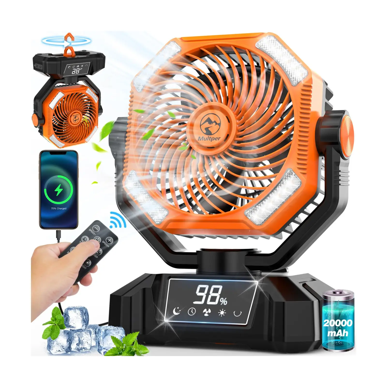 Ventilador Portatil Multper HY-12-FX Camping Control Remoto LED